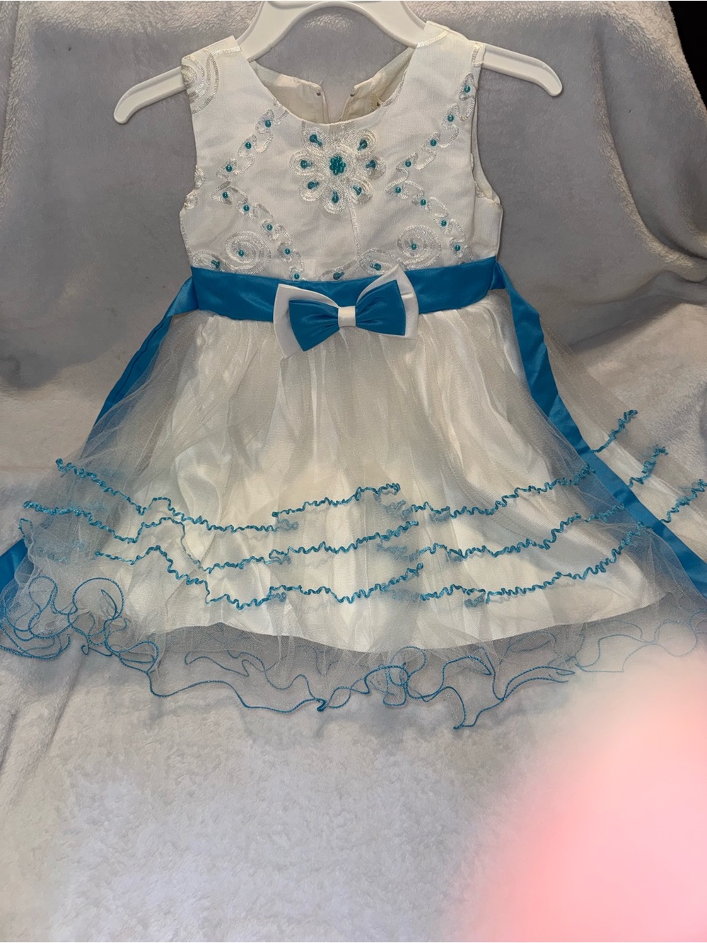 3/4 T White & Teal Embellished Tulle Party Dress